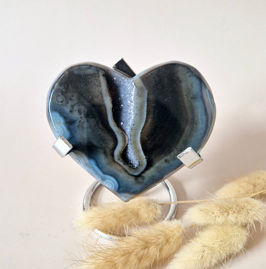 XL Druzy Grijze Agaat Edelsteen Hart – Inclusief Standaard - #30 133g 9cm