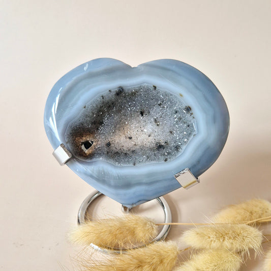 XL Druzy Grijze Agaat Edelsteen Hart – Inclusief Standaard - #31 181g 9,5cm