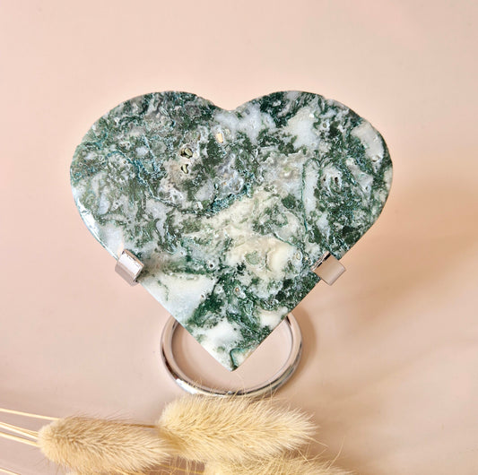 Edelstein Druzy Moosachat Herz auf Metallständer – Nr. 93 230 Gramm