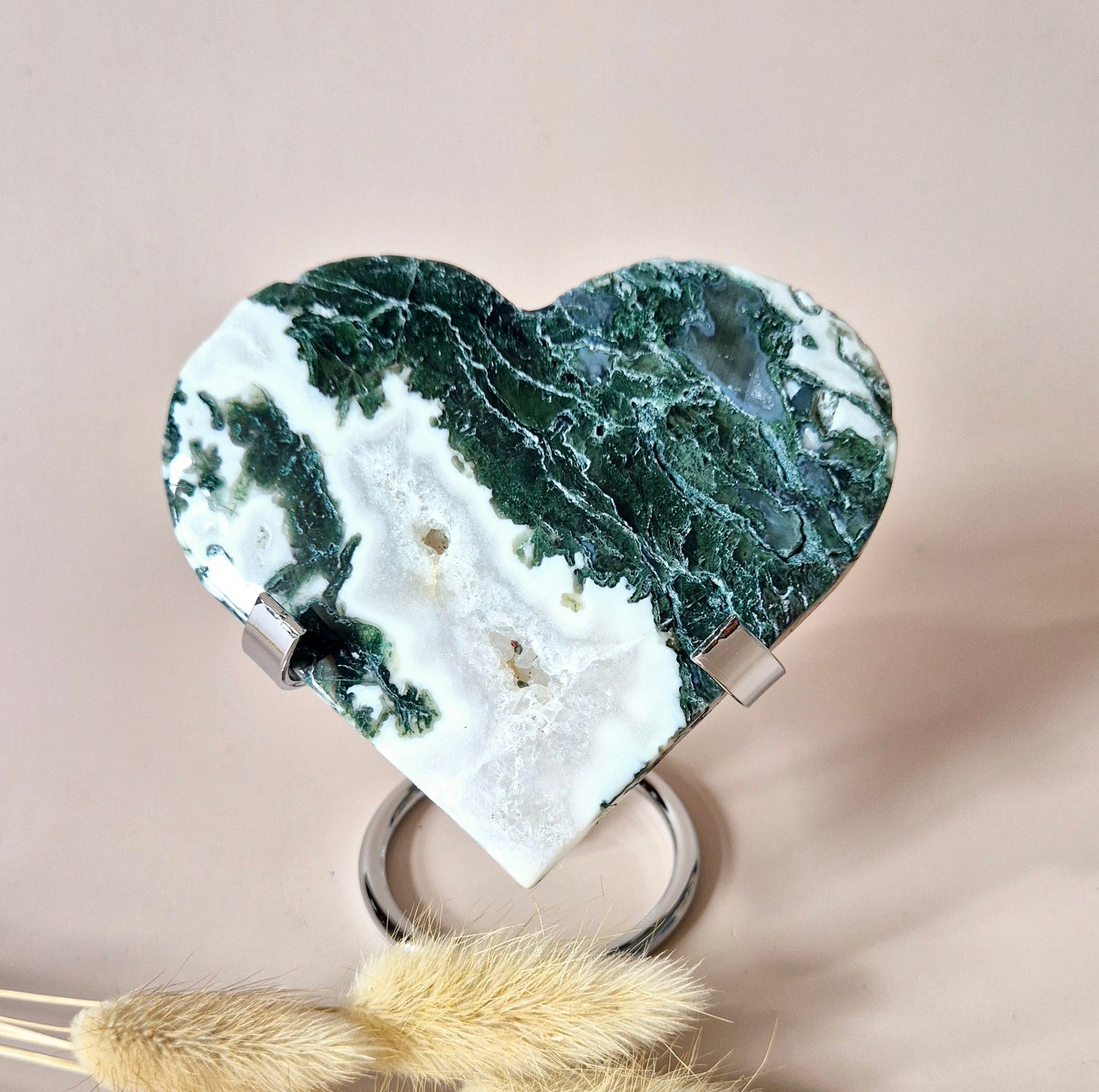 Edelsteen Druzy Mosagaat Hart op Metalen Standaard – #100 240gram