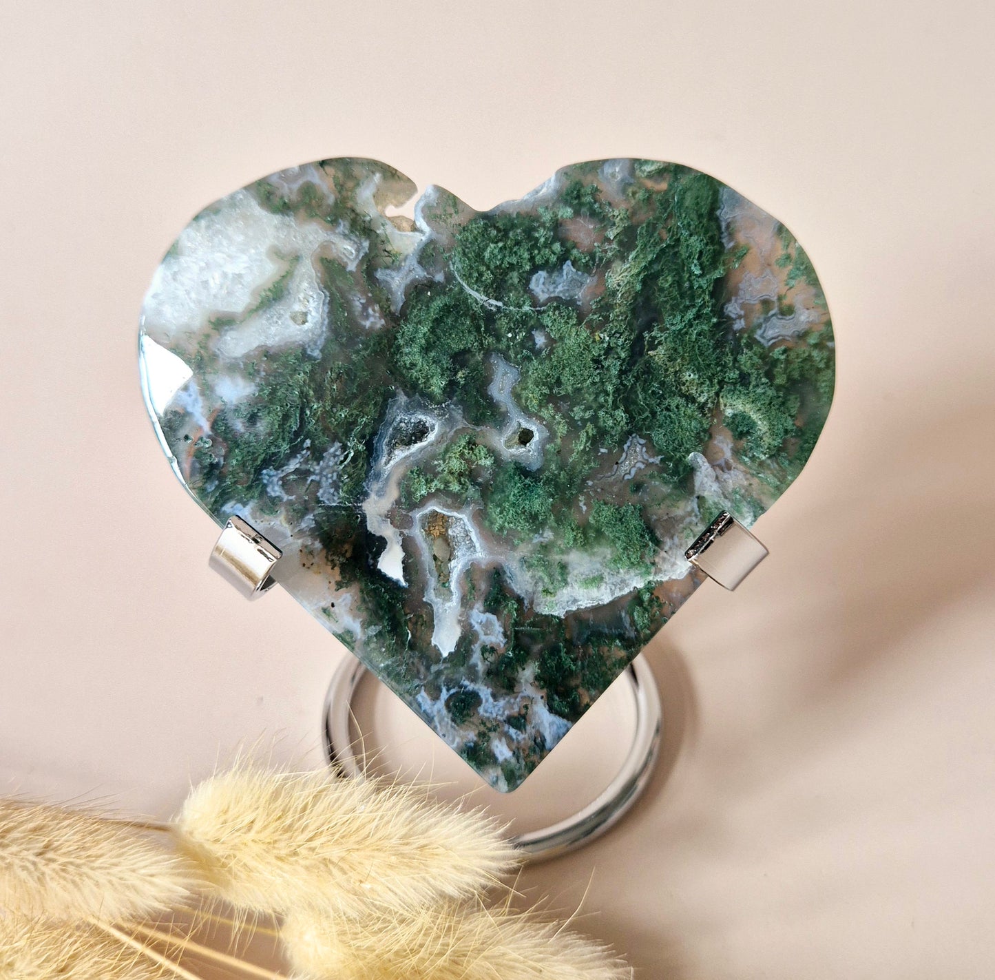 Edelsteen Druzy Mosagaat Hart op Metalen Standaard – #106 200gram