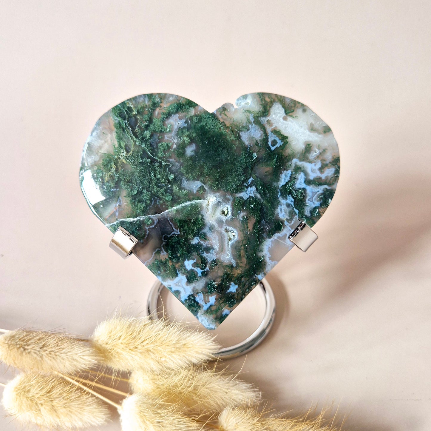 Edelsteen Druzy Mosagaat Hart op Metalen Standaard – #106 200gram