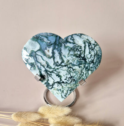 Edelsteen Druzy Mosagaat Hart op Metalen Standaard – #110 314gram
