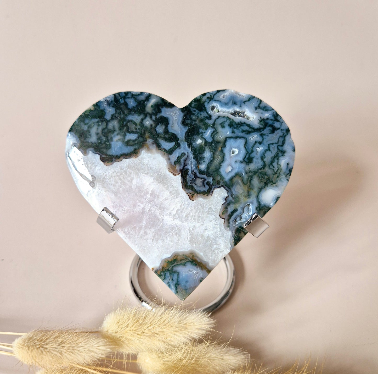 Edelsteen Druzy Mosagaat Hart op Metalen Standaard – #111 250gram