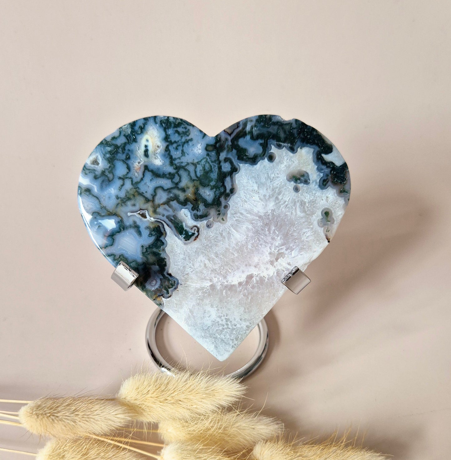 Edelsteen Druzy Mosagaat Hart op Metalen Standaard – #111 250gram