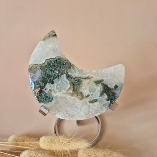 XL Edelsteen Mosagaat Maan op Standaard (Druzy & Patronen) #165 - 137g