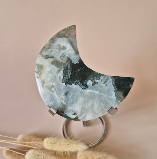 XL Edelsteen Mosagaat Maan op Standaard (Druzy & Patronen) #166 - 209g