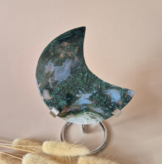 XL Edelsteen Mosagaat Maan op Standaard (Druzy & Patronen) #167 - 210g