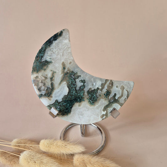 XL Edelsteen Mosagaat Maan op Standaard (Druzy & Patronen) #168 - 240g