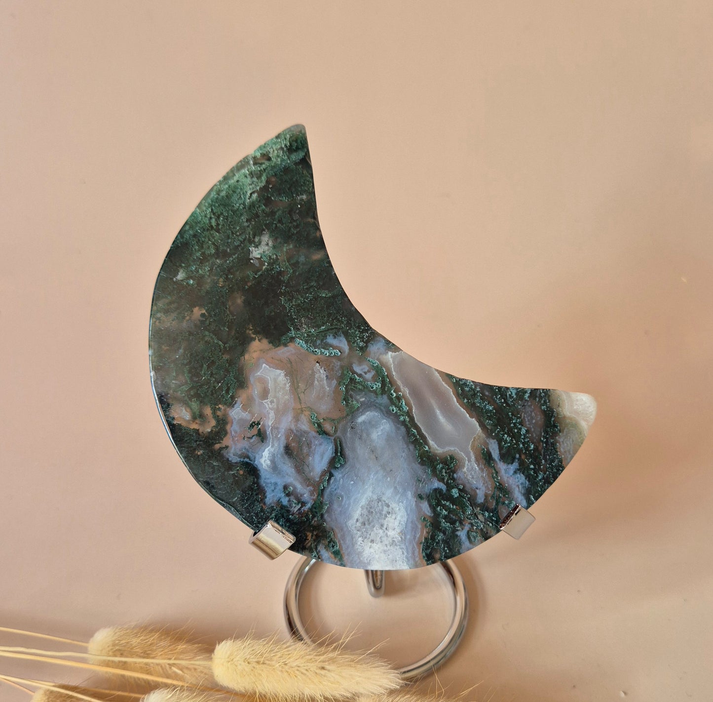 XL Edelsteen Mosagaat Maan op Standaard (Druzy & Patronen) #172 - 260g