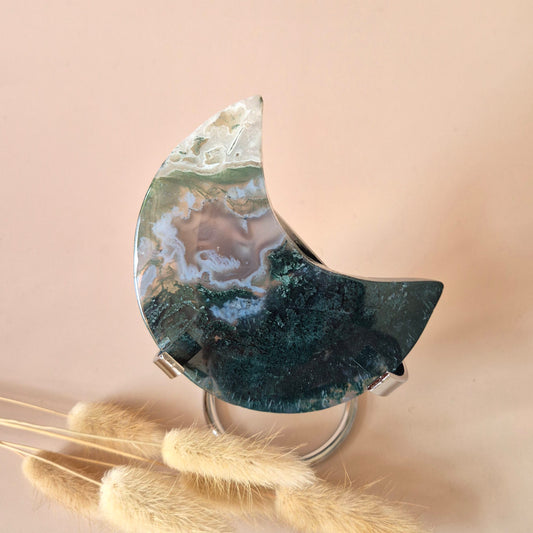 XL Edelsteen Mosagaat Maan op Standaard (Druzy & Patronen) #178 - 125gr