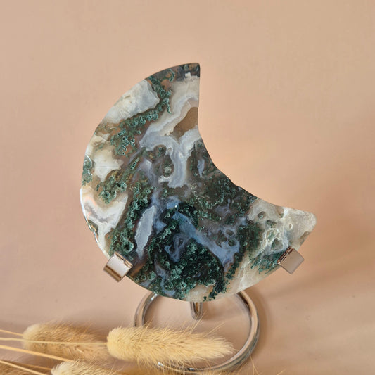 XL Edelsteen Mosagaat Maan op Standaard (Druzy & Patronen) #182 - 168gr