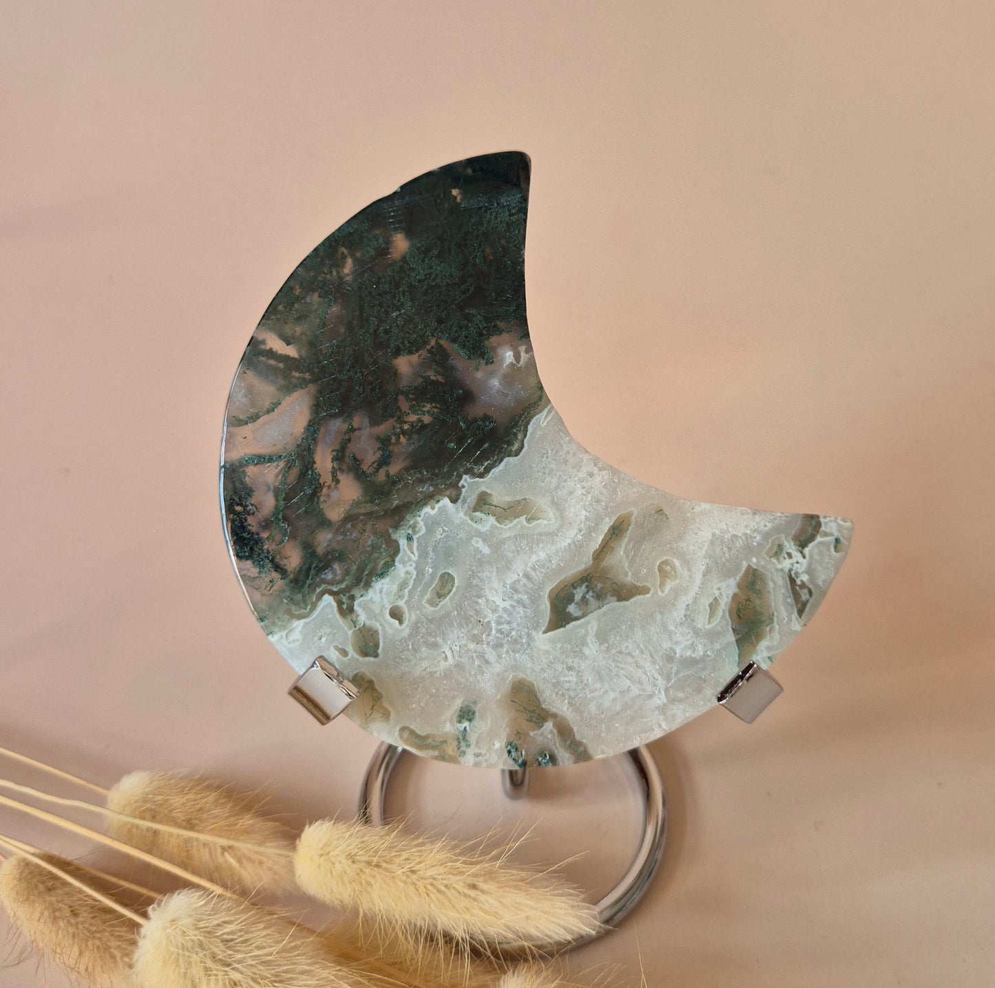XL Edelsteen Mosagaat Maan op Standaard (Druzy & Patronen) #183 - 183gr