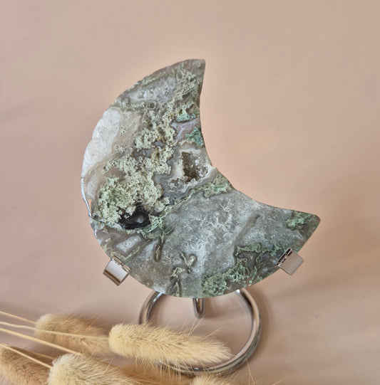 XL Edelsteen Mosagaat Maan op Standaard (Druzy & Patronen) #185 - 175gr