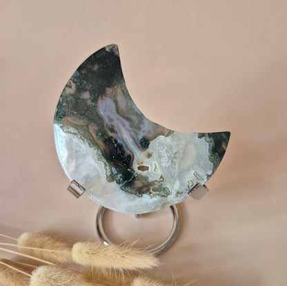 XL Edelsteen Mosagaat Maan op Standaard (Druzy & Patronen) #187 - 153gr
