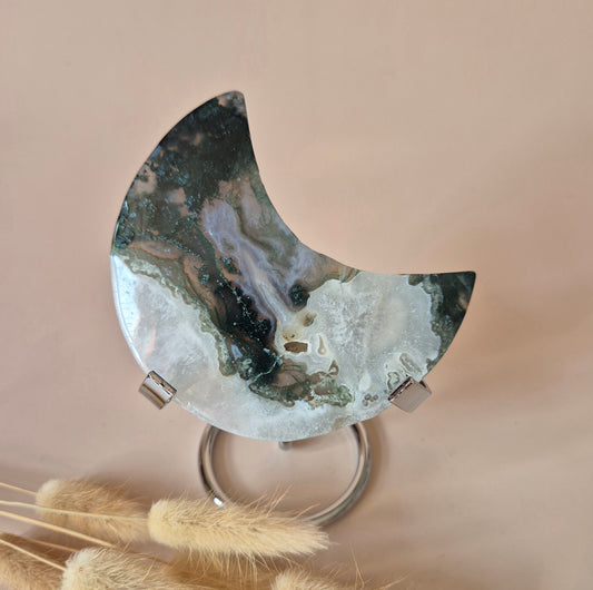 XL Edelsteen Mosagaat Maan op Standaard (Druzy & Patronen) #187 - 153gr