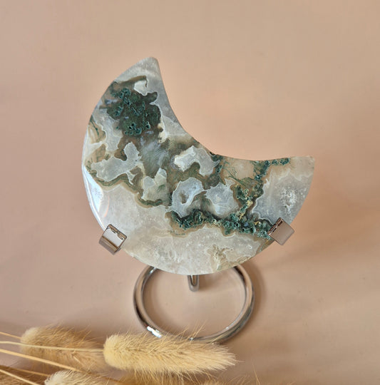 XL Edelsteen Mosagaat Maan op Standaard (Druzy & Patronen) #188 - 162gr