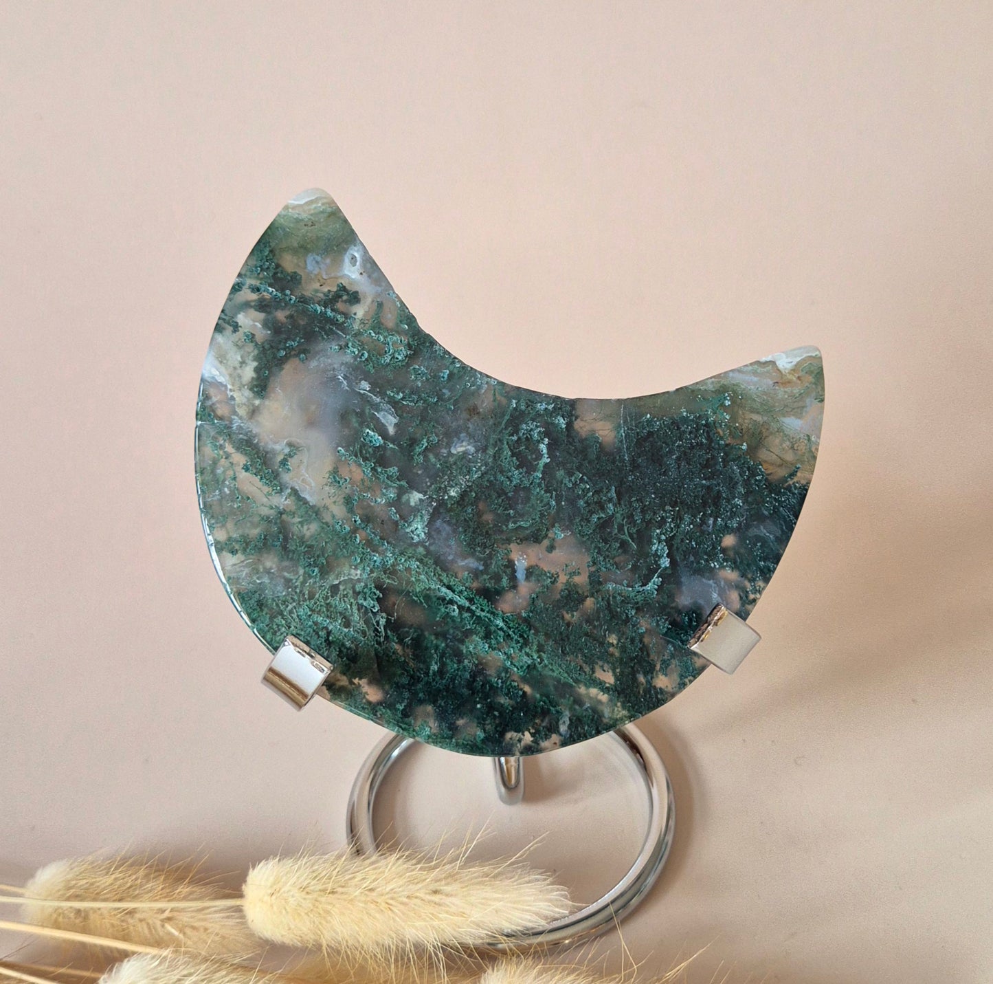 XL Edelsteen Mosagaat Maan op Standaard (Druzy & Patronen) #189 - 157gr