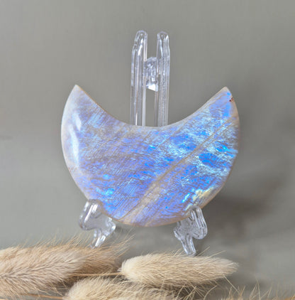 Gemstone Blue Moonstone Moon on Stand 6-8cm With Beautiful Flash