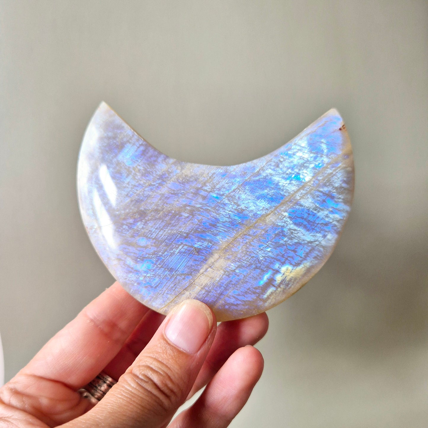 Gemstone Blue Moonstone Moon on Stand 6-8cm With Beautiful Flash