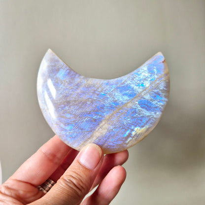 Gemstone Blue Moonstone Moon on Stand 6-8cm With Beautiful Flash