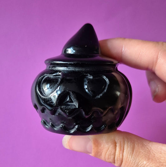 Zwarte Obsidiaan Halloween Pompoen met Hoed – ca. 5 cm - Edelsteen Decoratie