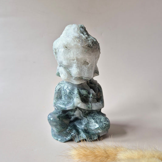 XL Druzy Mosagaat Buddha 15cm hoge geslepen Edelsteen Statement Piece 876g