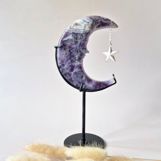 XL Gemstone Moss Agate Moon on Stand (Druzy &amp; Patterns) #158 - 400g 12,7cm
