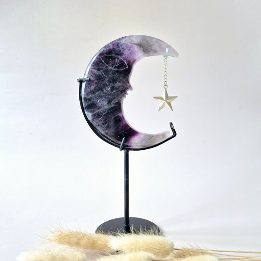 XL Gemstone Moss Agate Moon on Stand (Druzy &amp; Patterns) #158 - 400g 12,7cm