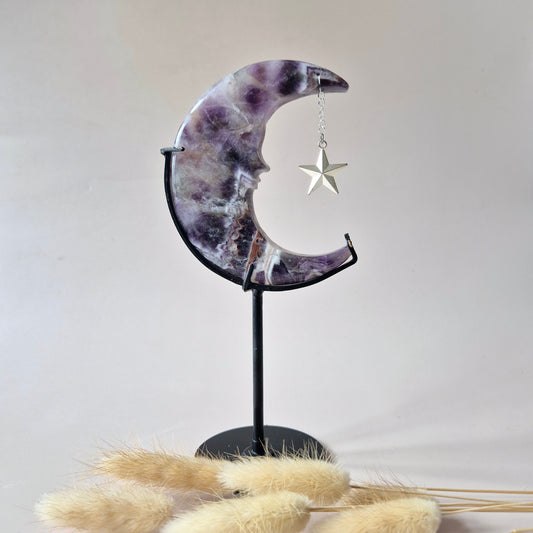 XL Gemstone Moss Agate Moon on Stand (Druzy &amp; Patterns) #158 - 400g 12,7cm