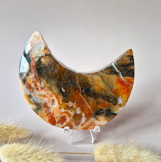Red Druzy Moss Agate Moon (10-12 cm) on stand – #3