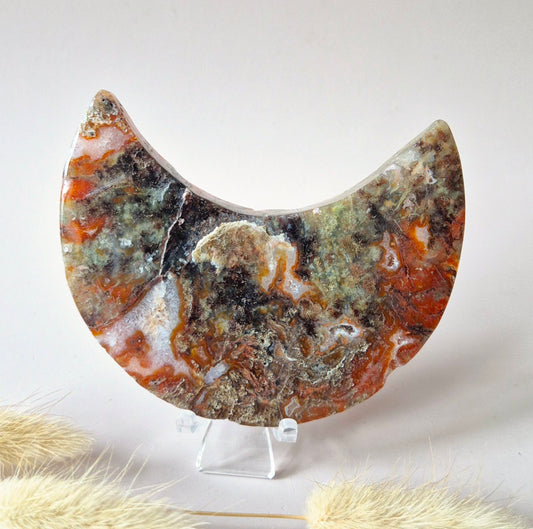 Red Druzy Moss Agate Moon (10-12 cm) on stand – #3