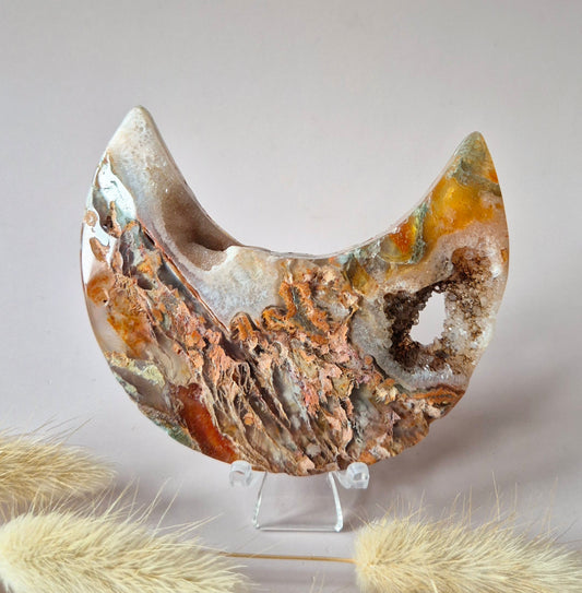 Red Druzy Moss Agate Moon (10-12 cm) on stand – #3