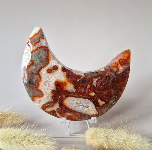 Red Druzy Moss Agate Moon (10-12 cm) on stand – #3