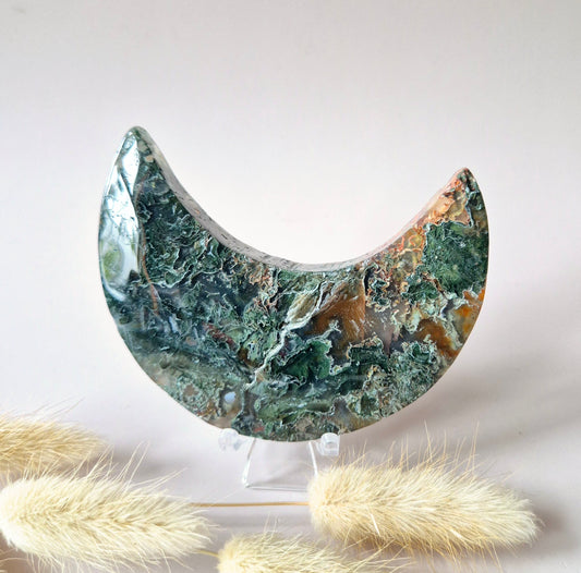 Red Druzy Moss Agate Moon (10-12 cm) on stand – #3