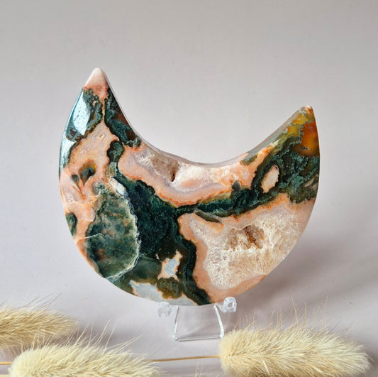 Red Druzy Moss Agate Moon (10-12 cm) on stand – #3