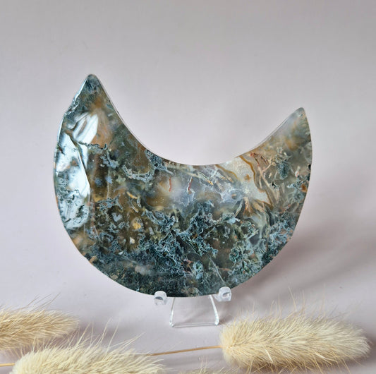 Red Druzy Moss Agate Moon (10-12 cm) on stand – #3