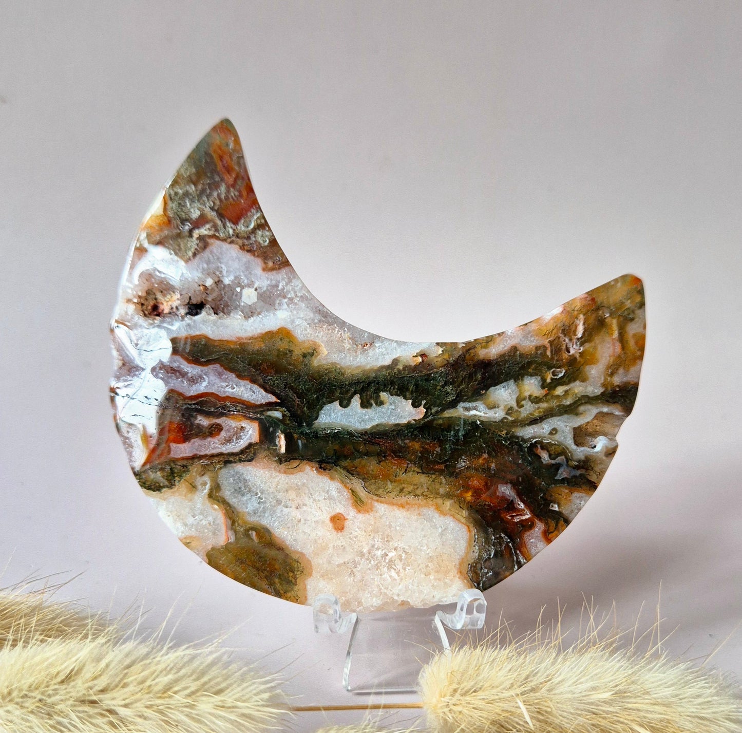 Red Druzy Moss Agate Moon (10-12 cm) on stand – #3