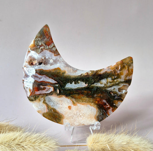 Red Druzy Moss Agate Moon (10-12 cm) on stand – #3