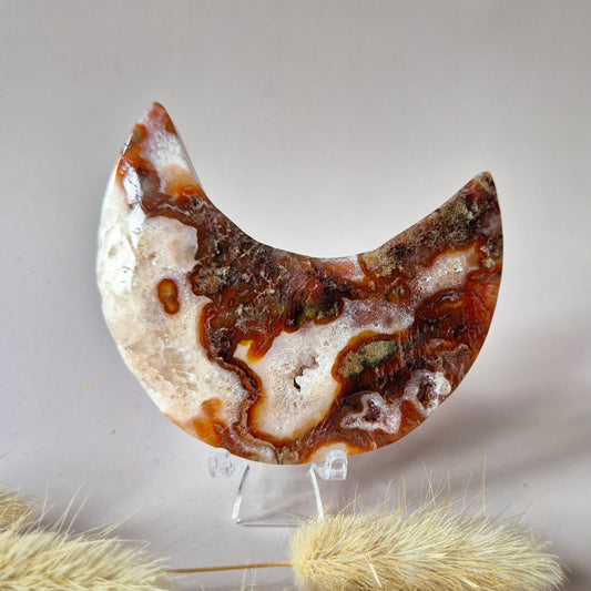 Red Druzy Moss Agate Moon (10-12 cm) on stand – #3