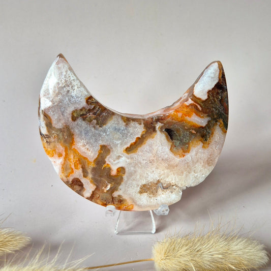 Red Druzy Moss Agate Moon (10-12 cm) on stand – #3