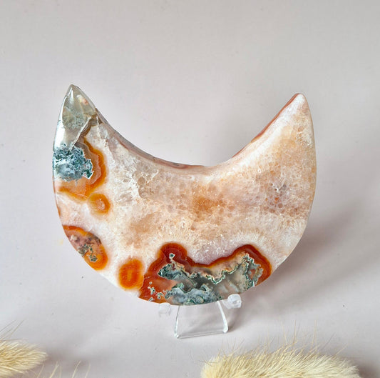 Red Druzy Moss Agate Moon (10-12 cm) on stand – #3