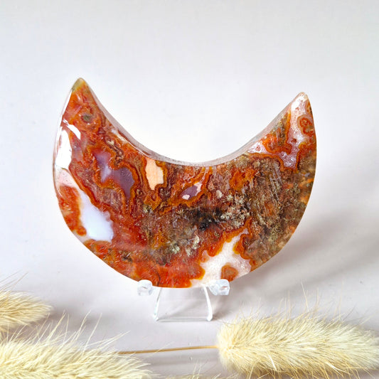 Red Druzy Moss Agate Moon (10-12 cm) on stand – #3