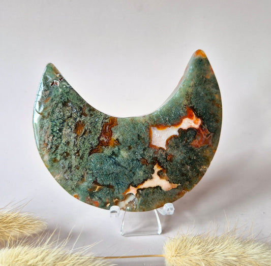 Red Druzy Moss Agate Moon (10-12 cm) on stand – #3