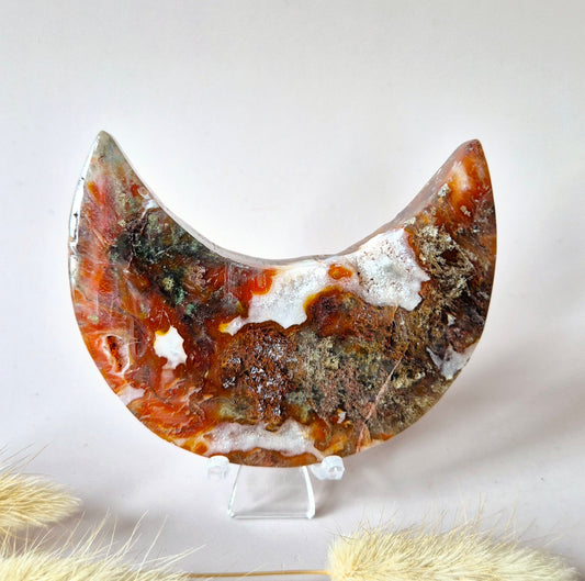 Red Druzy Moss Agate Moon (10-12 cm) on stand – #3