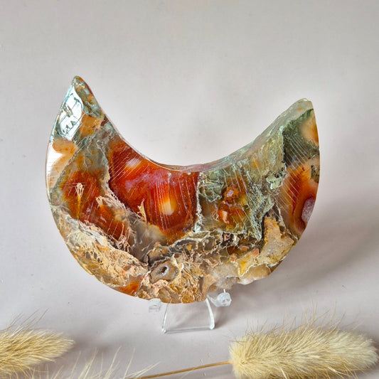 Red Druzy Moss Agate Moon (10-12 cm) on stand – #3