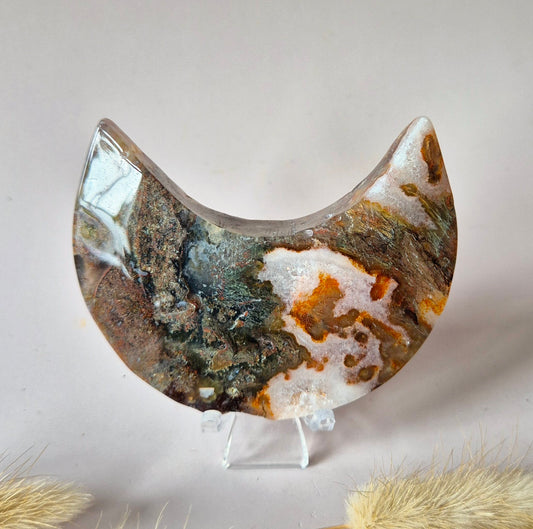Red Druzy Moss Agate Moon (10-12 cm) on stand – #3