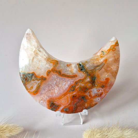 Red Druzy Moss Agate Moon (10-12 cm) on stand – #3