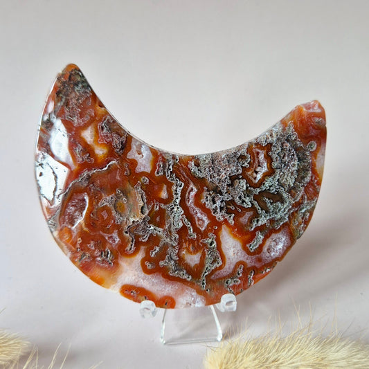 Red Druzy Moss Agate Moon (10-12 cm) on stand – #3
