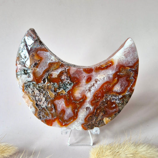 Red Druzy Moss Agate Moon (10-12 cm) on stand – #3